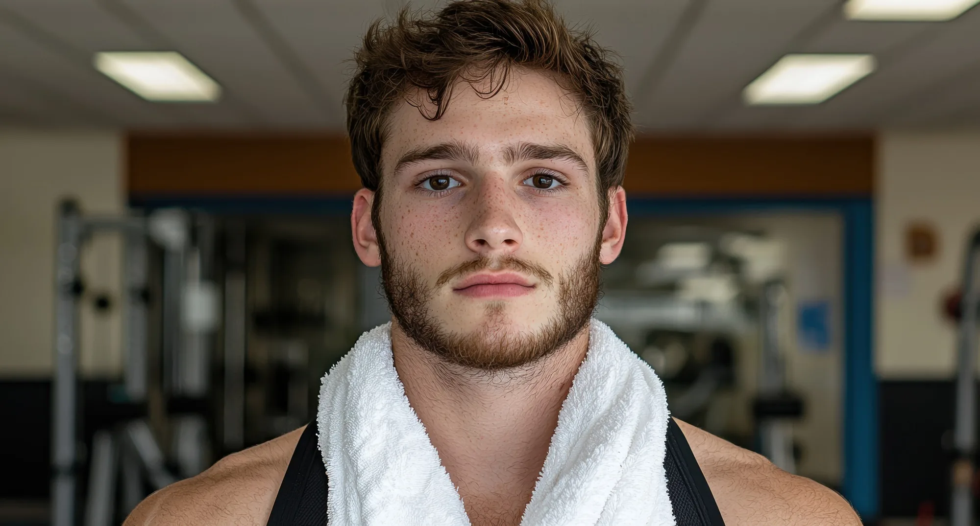 Young man with a short beard and white towel draped around his neck at the gym